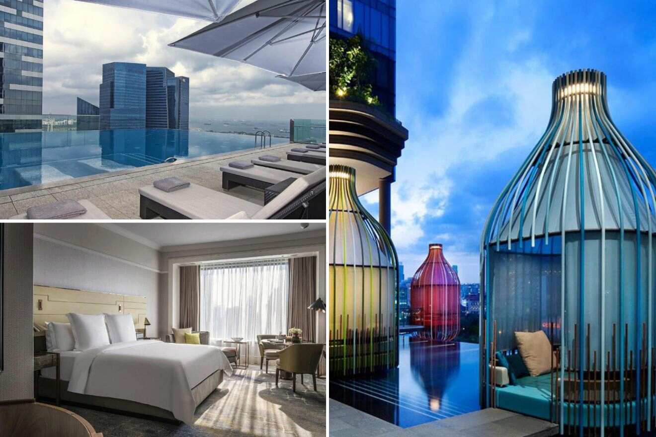 collage with bedroom, rooftop pool and outdoor seating area