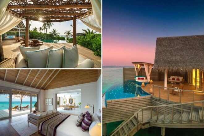 Collage of 3 pics of luxury stay in Maldives: an outdoor deck with lounge chairs, an overwater bungalow at sunset, and two luxurious indoor bedroom settings.