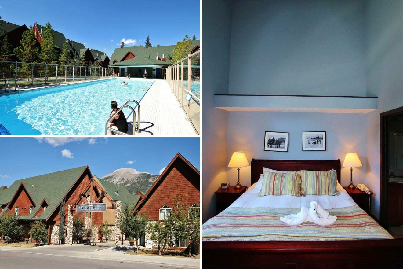 Collage of three hotel pictures: outdoor pool, view of hotel exterior, and bedroom