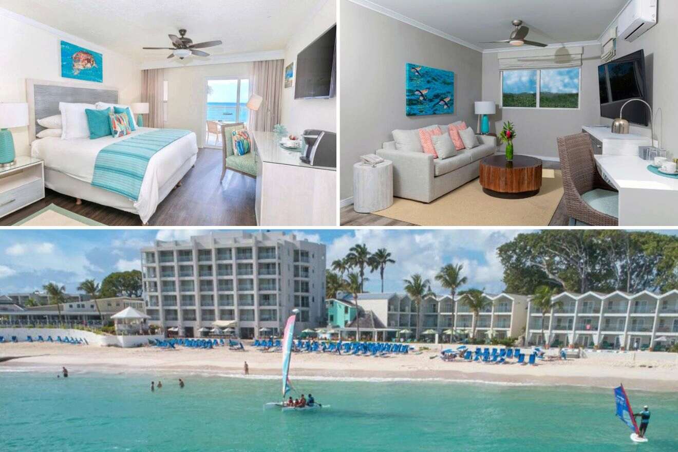 Collage of three hotel pictures: bedroom, living room, and hotel exterior on the beach