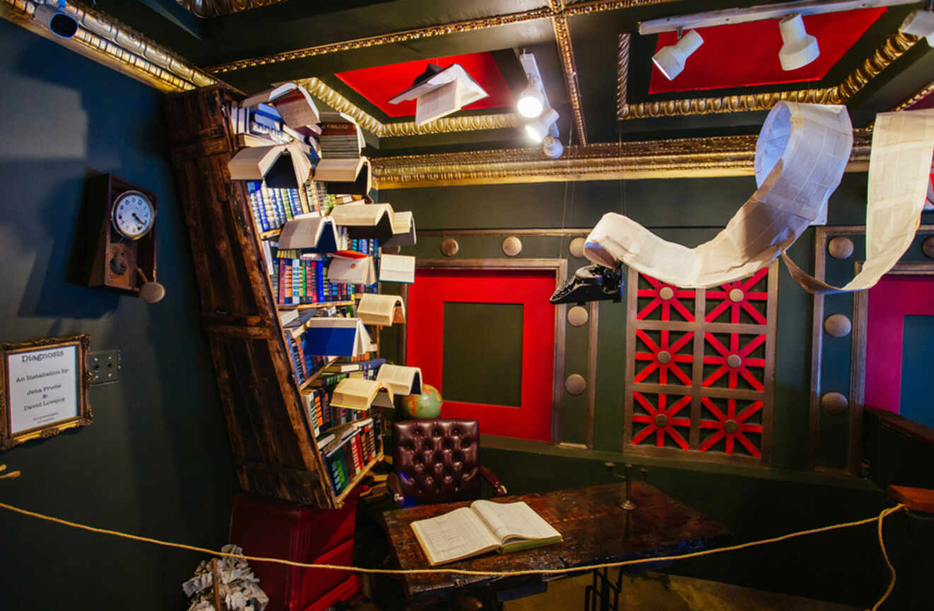 Inside the Last Bookstore, room with an installation of books and papers