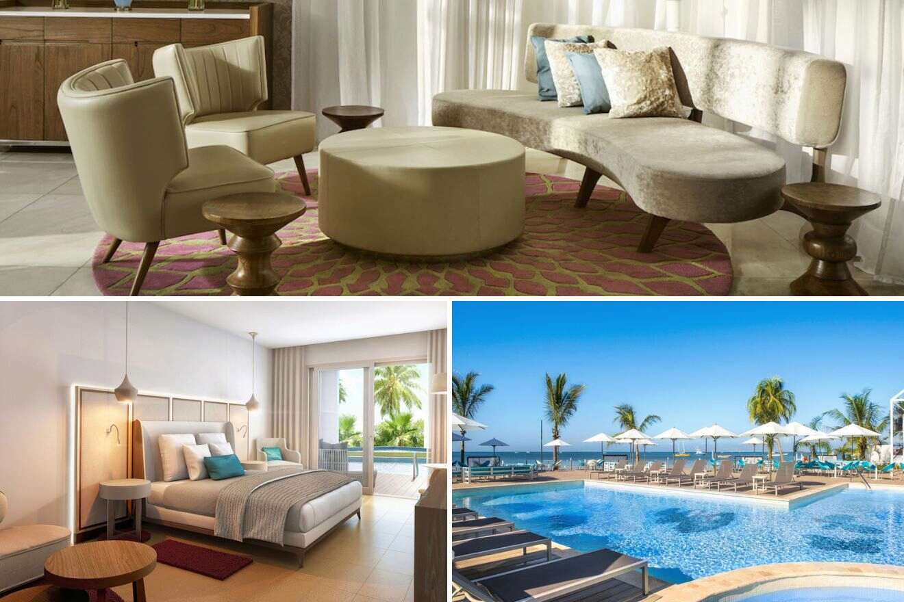 Collage of three hotel pictures: living room, bedroom, and outdoor pool