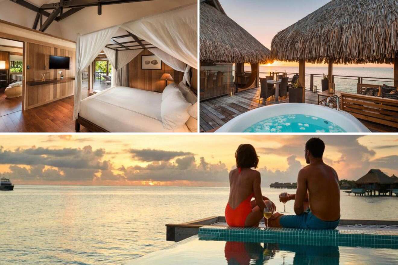 collage with a couple having a glass of wine in an infinity swimming pool, overwater bungalows sunset view and bedroom