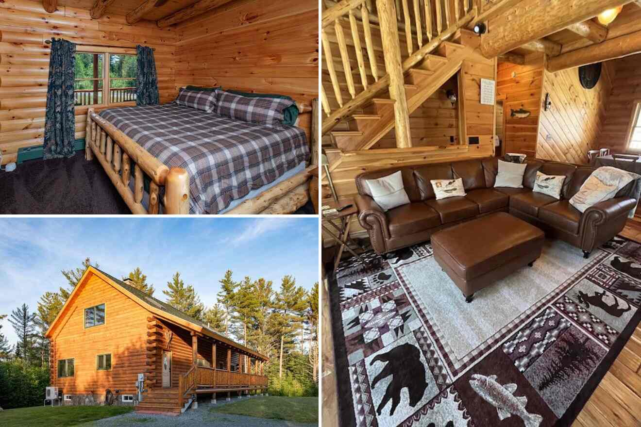 A collage of three cabin photos: bedroom, cabin exterior, and living room