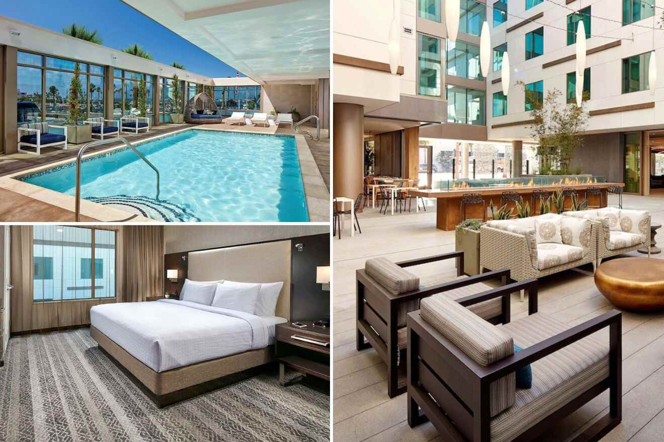 Collage of three hotel pictures: outdoor pool, bedroom, and outdoor terrace