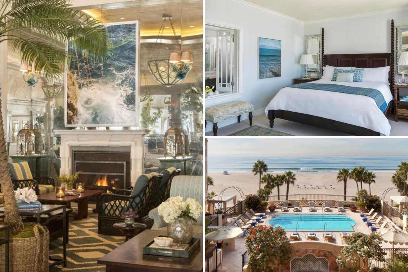 Collage of three hotel pictures: lounge area with fireplace, bedroom, and outdoor pool