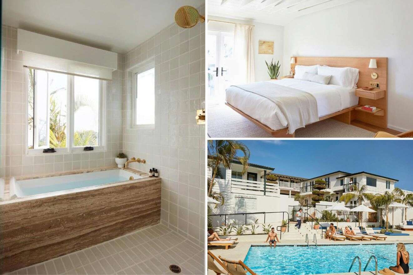 Collage of three hotel pictures: bathtub, bedroom, and outdoor pool