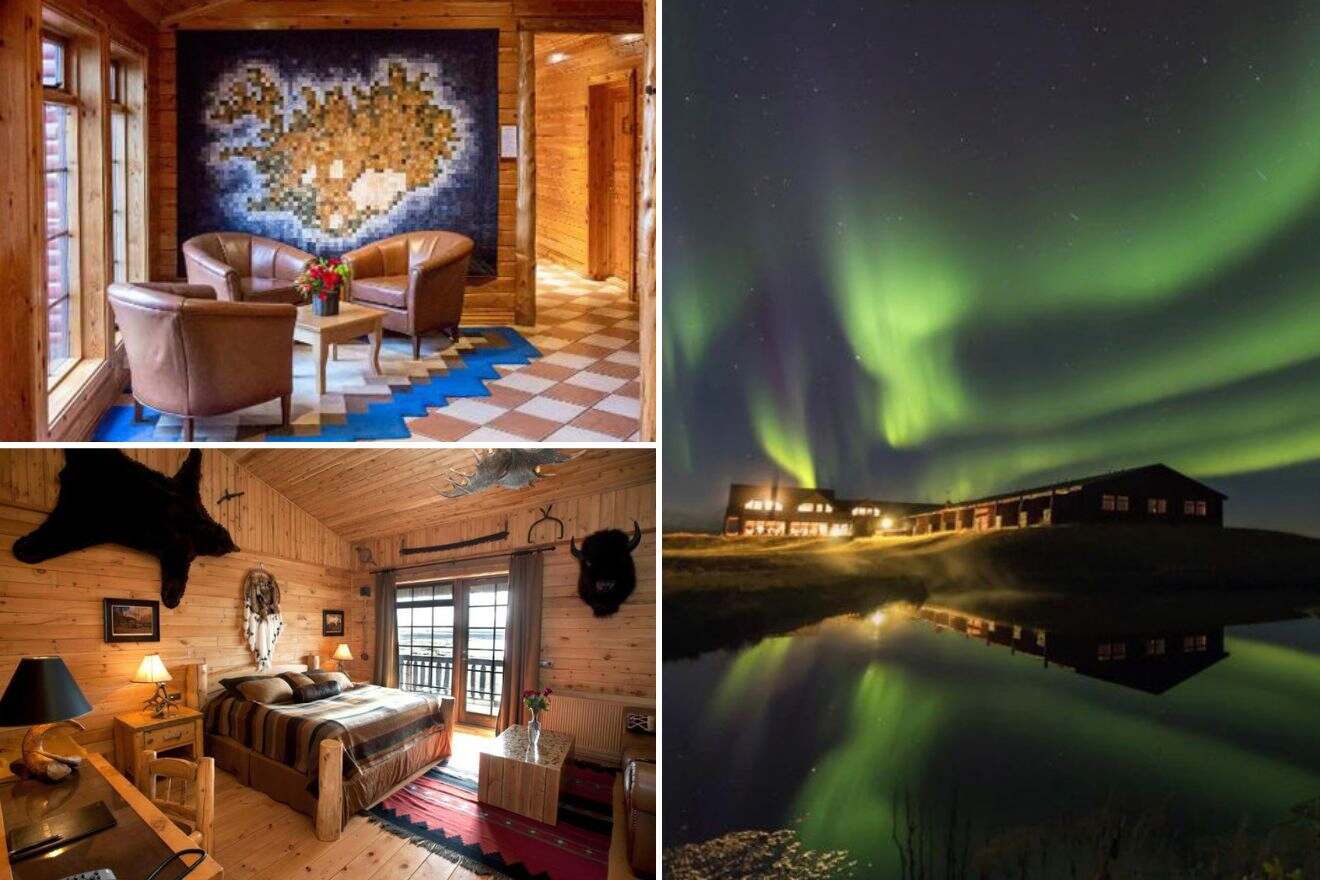 collage with bedroom, hotel view with northern lights, and lounge