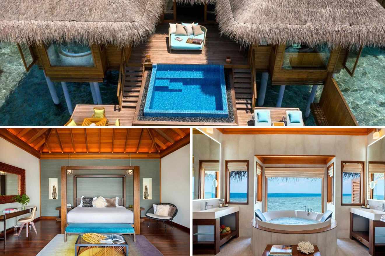 collage with resort view, bedroom and jacuzzi with a view