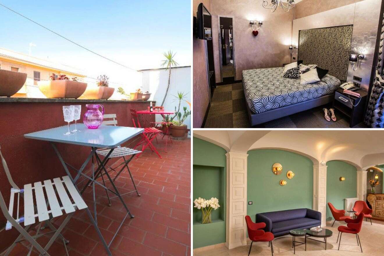 Collage of three hotel photos: balcony, bedroom, and lounge area