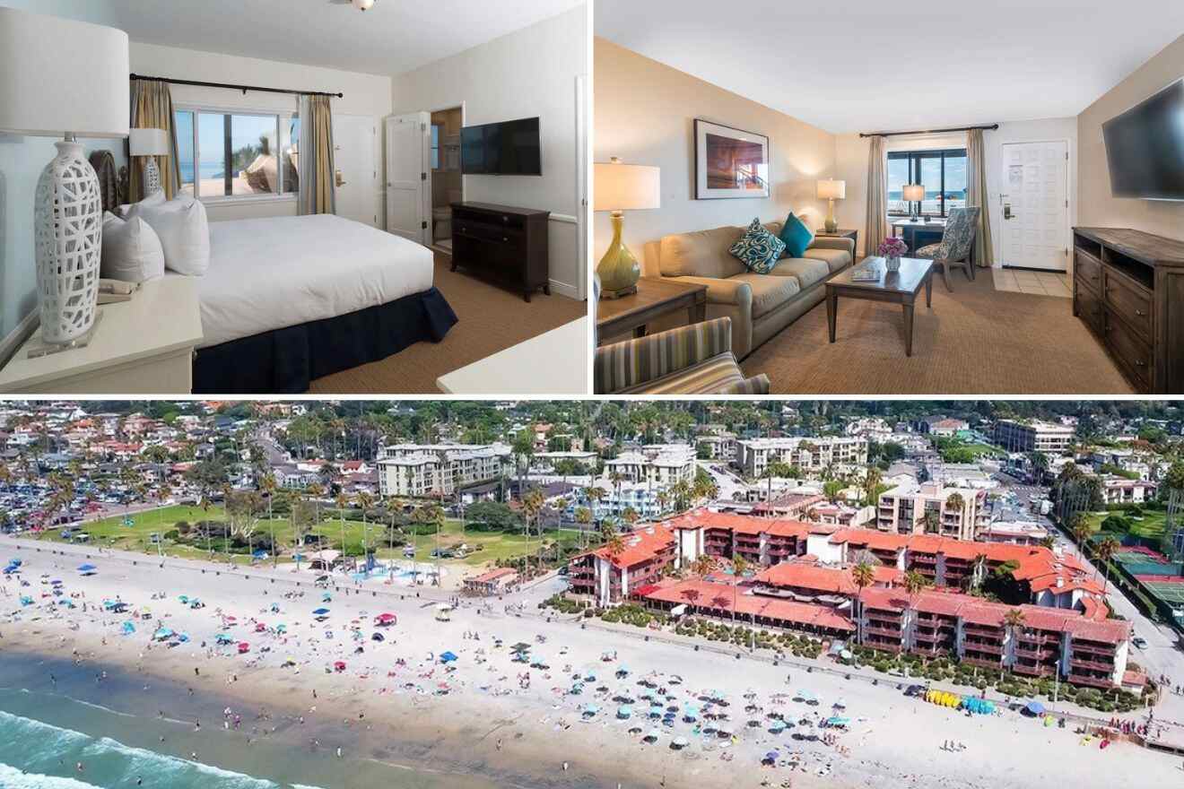 Collage of three hotel pictures: bedroom, living room, and aerial view of hotel