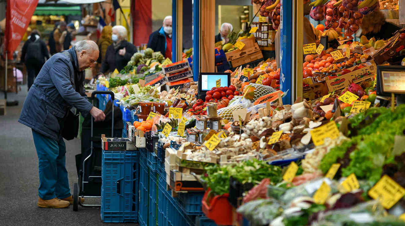 A man buying fruit and vegetables in a market