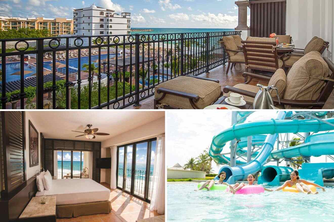 collage with bedroom, water slides and view from the terrace