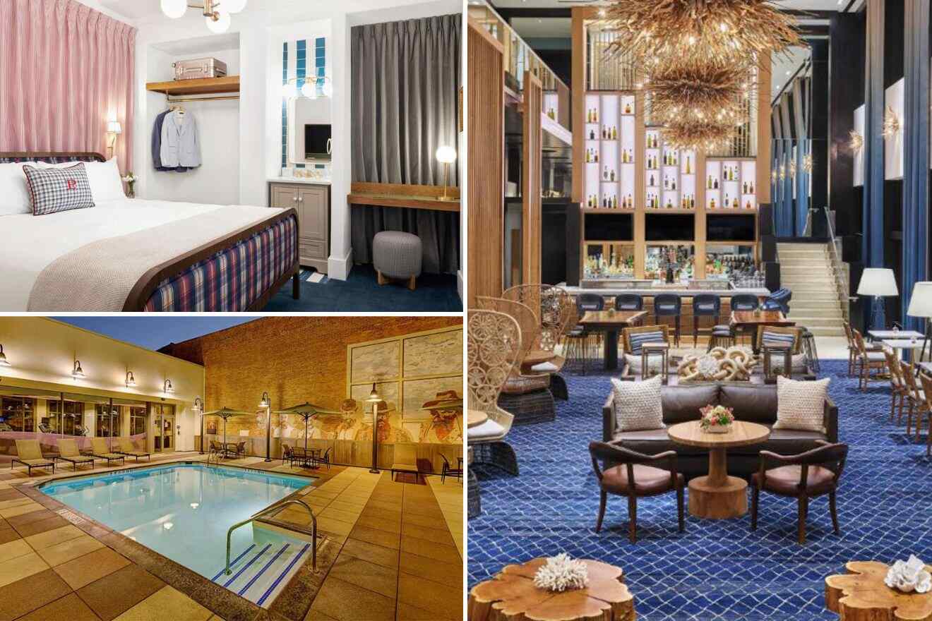 collage with swimming pool, bedroom and restaurant