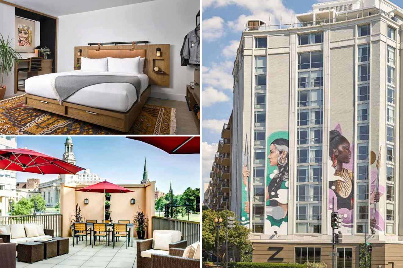 collage with bedroom, hotel's building and terrace lounge area