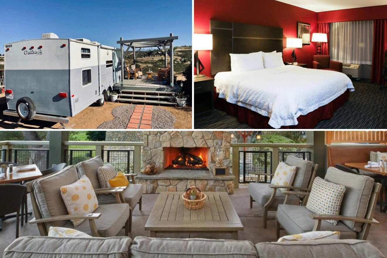 Collage of three hotel pictures: trailer exterior, bedroom, and outdoor seating area with fireplace