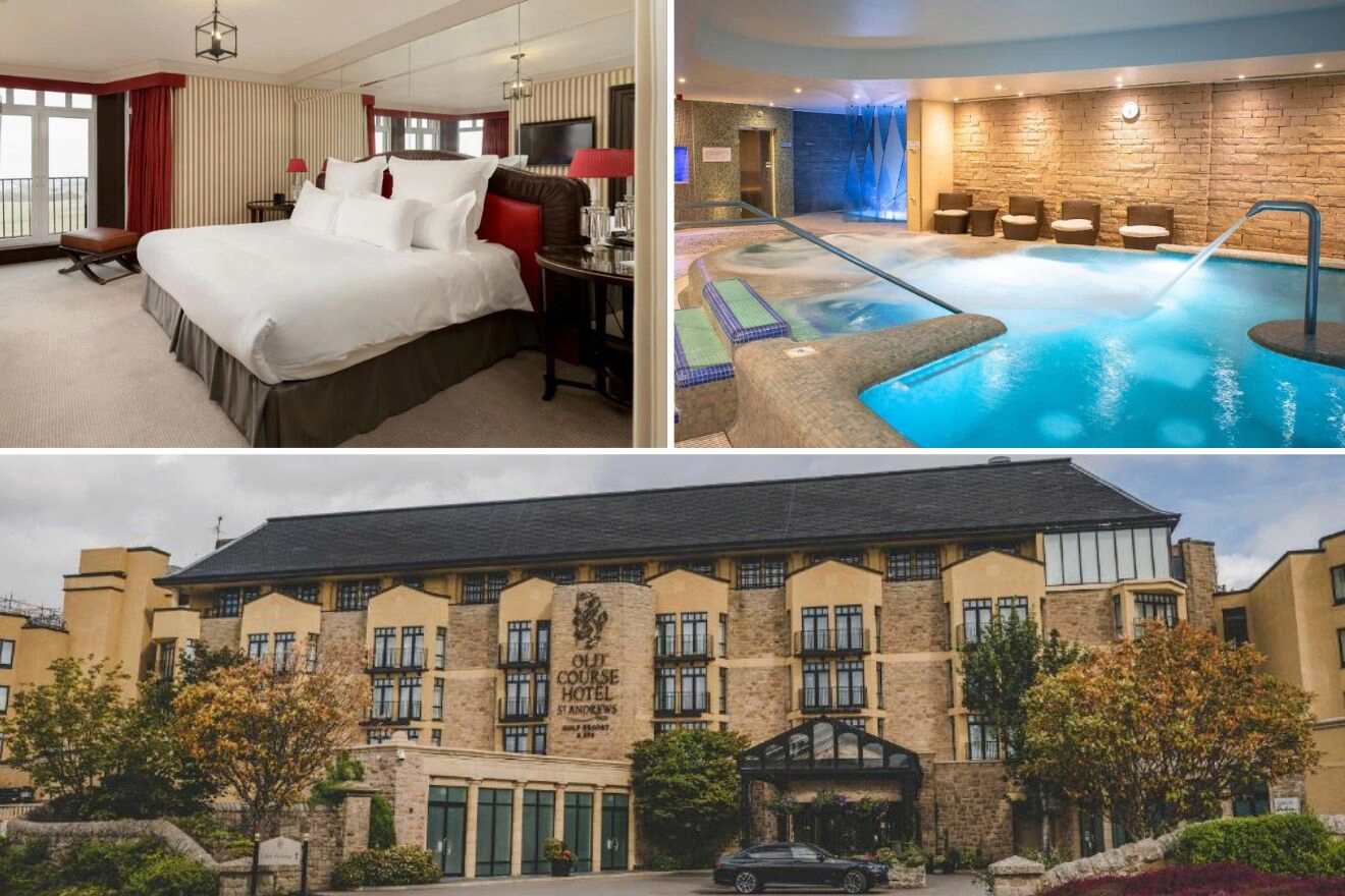 Collage of three hotel pictures: bedroom, indoor pool, and view of hotel exterior