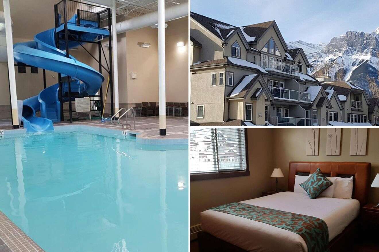 Collage of three hotel pictures: indoor pool with waterslide, view of hotel exterior, and bedroom