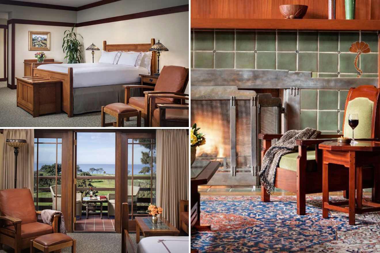 Collage of three hotel pictures: bedroom, living room with balcony, and seating area by fireplace