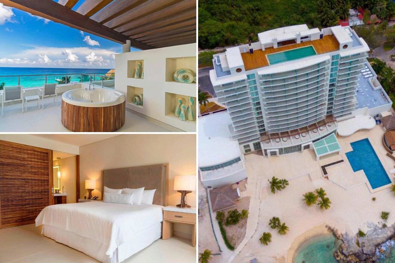 collage with aerial view over the hotel, bedroom and jacuzzi on the terrace