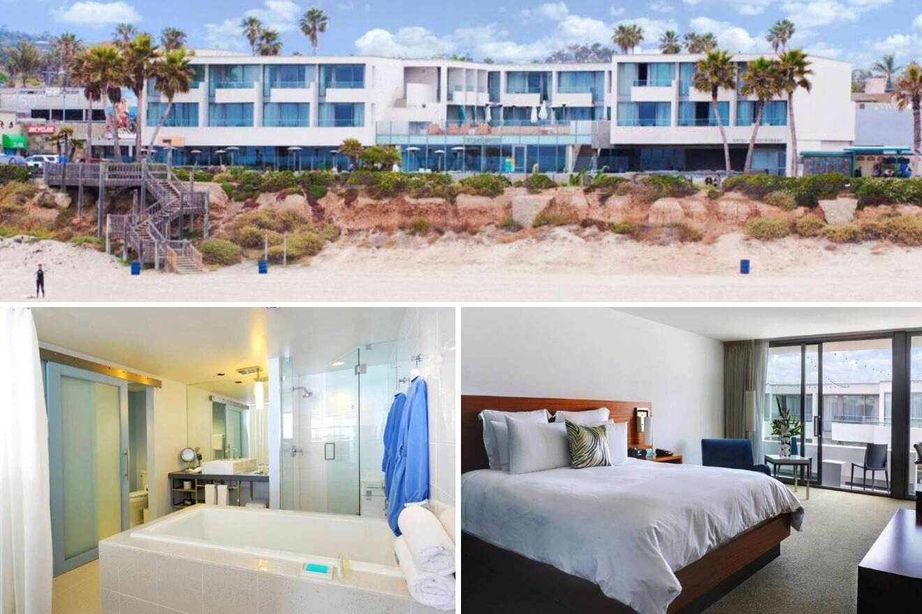 collage with bedroom, bathroom with jacuzzi and hotel's outside view from the beach