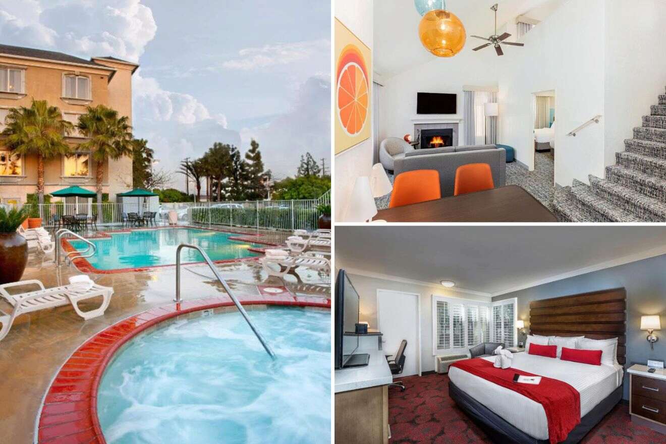 collage with bedroom, swimming pool and hot tub, and lounge with a fireplace