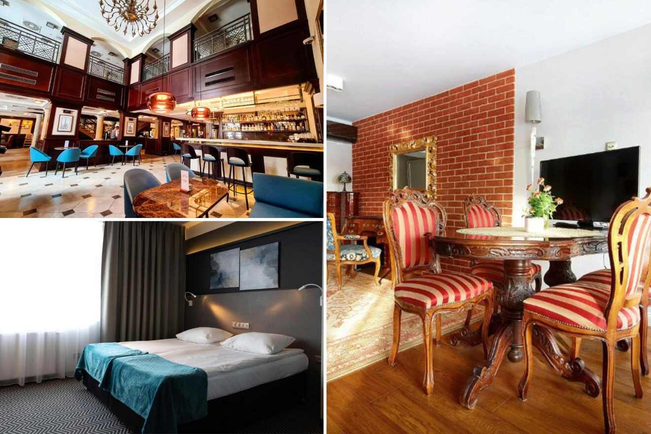 collage with restaurant, bedroom and lounge
