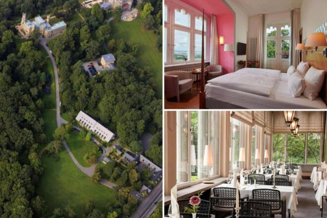 collage with dining space, bedroom and aerial view over the hotel