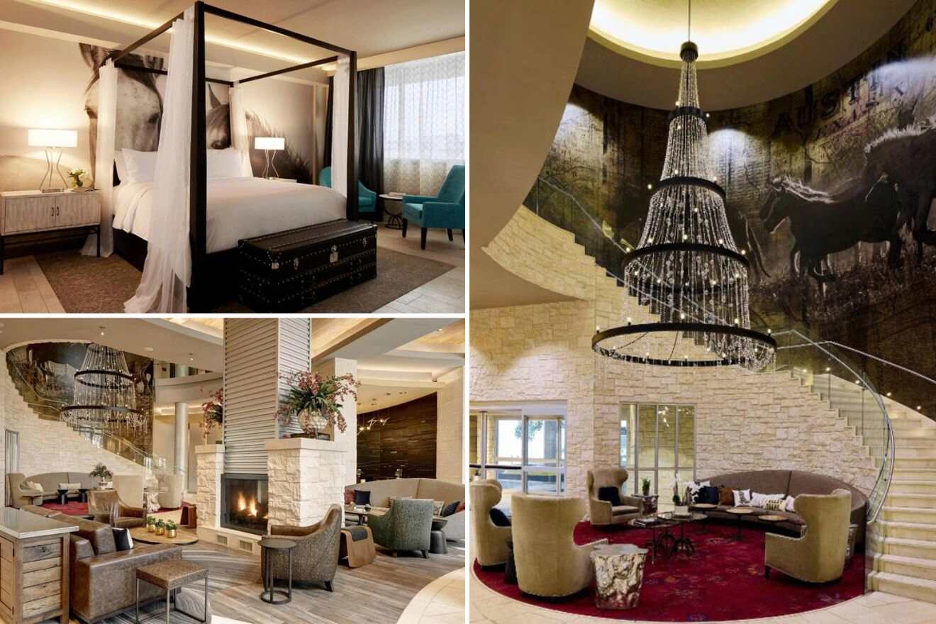 collage with hotel's hallway, bedroom and lounge