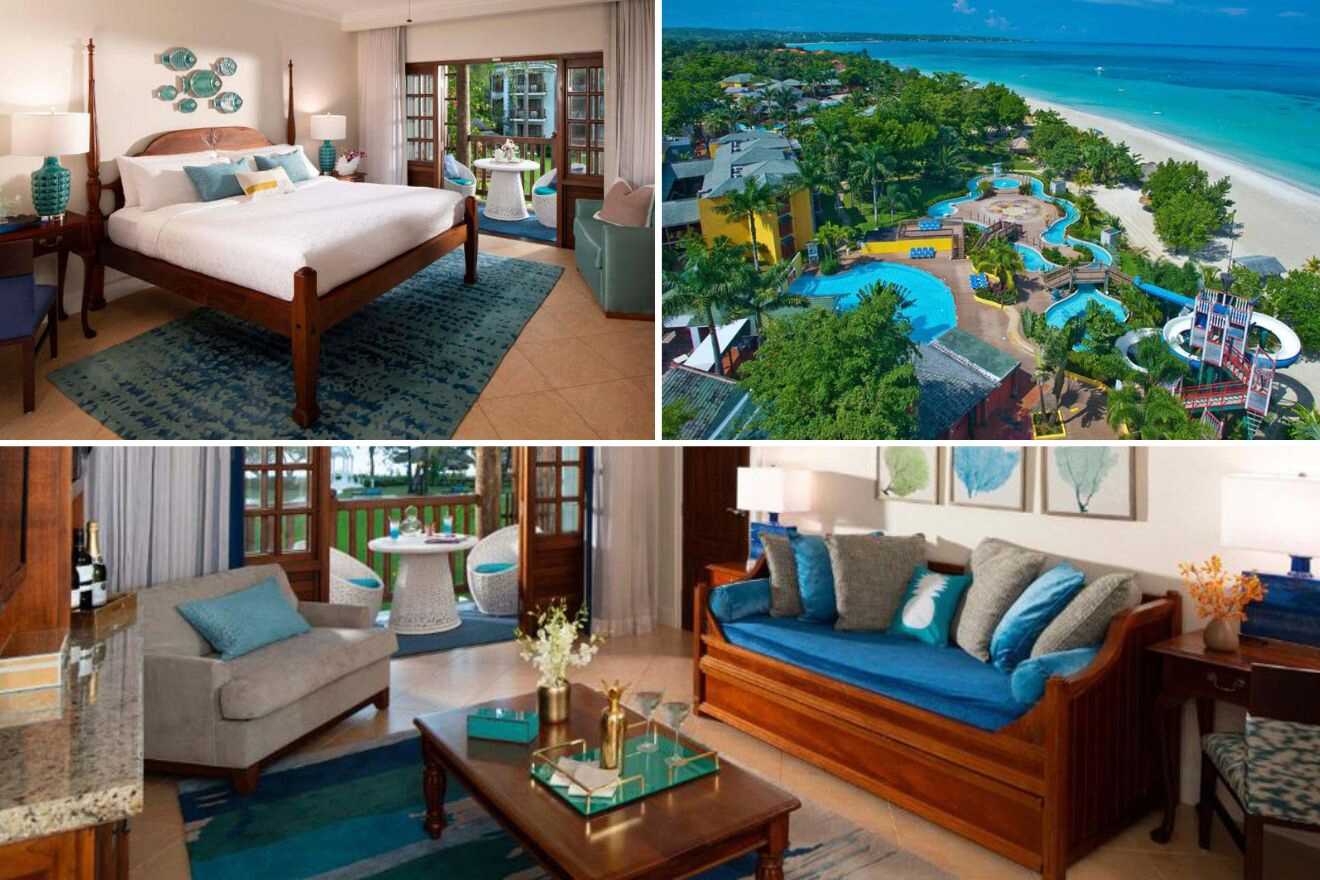 Collage of three hotel pictures: bedroom, aerial view of hotel and outdoor pools, and living room