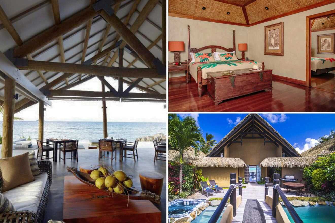collage with bedroom, pool area and dining space with sea view