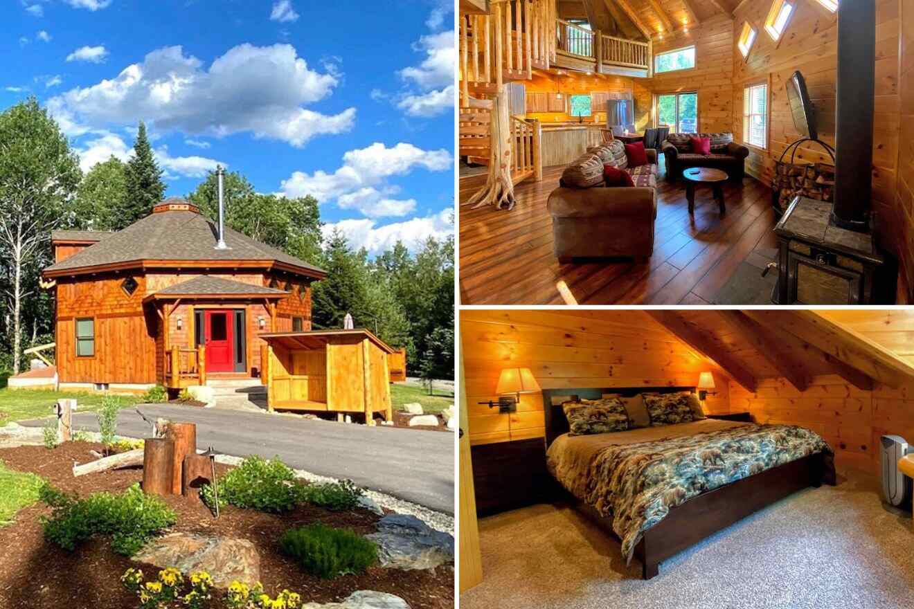A collage of three cabin photos: cabin exterior, living room, and bedroom