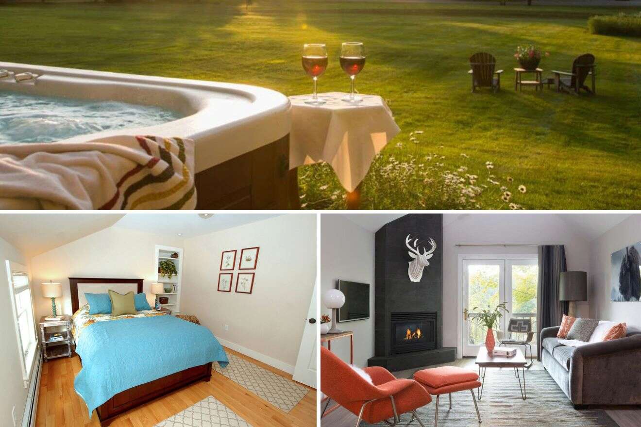 collage with outdoor hot tub, bedroom and lounge with fireplace