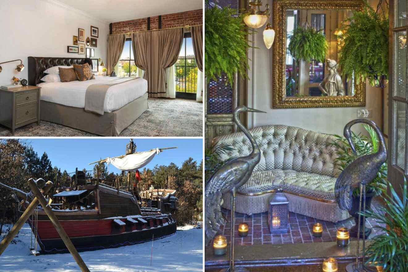 collage with bedroom, living area and hotel boat