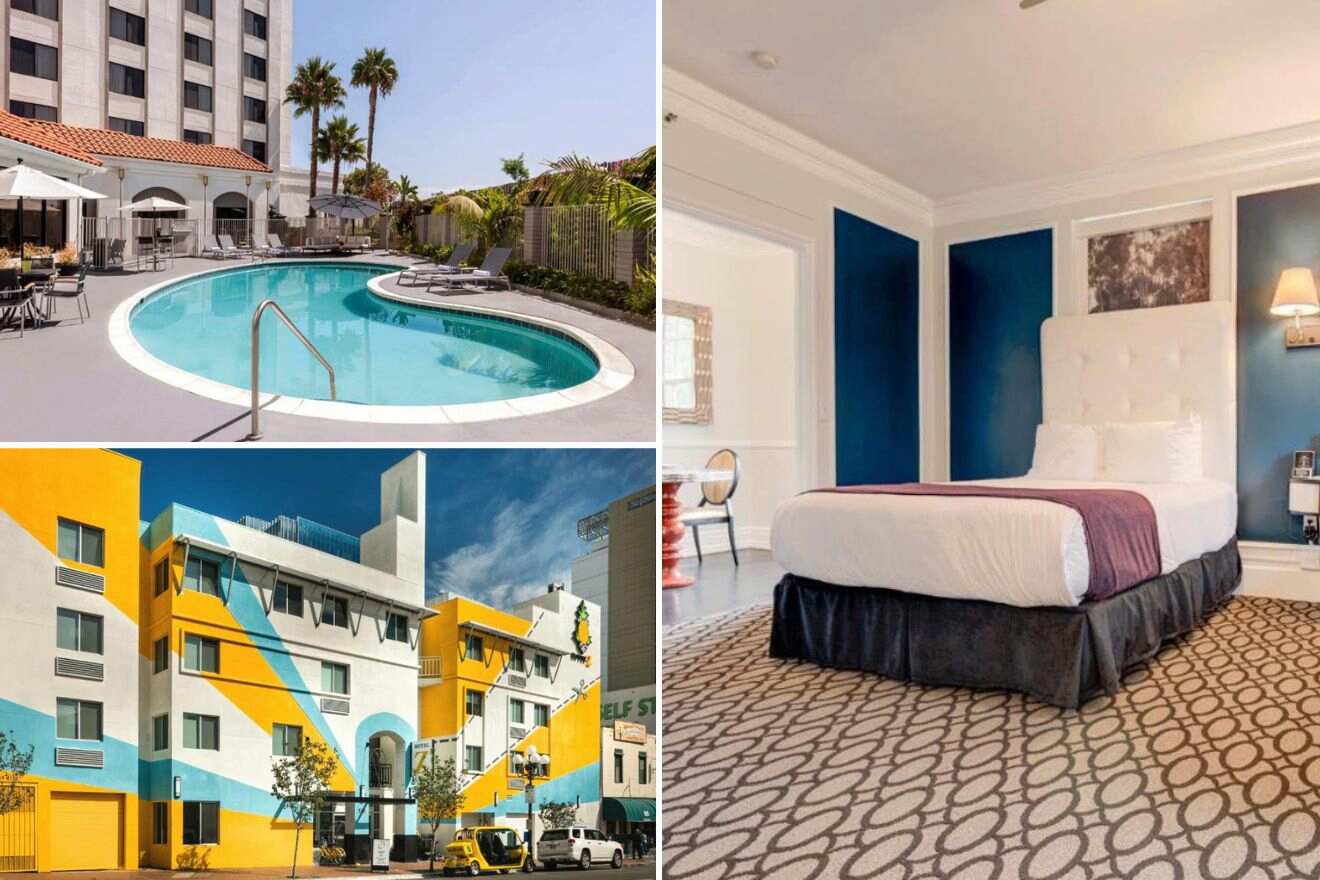 Collage of three hotel pictures: outdoor pool, hotel exterior, and bedroom