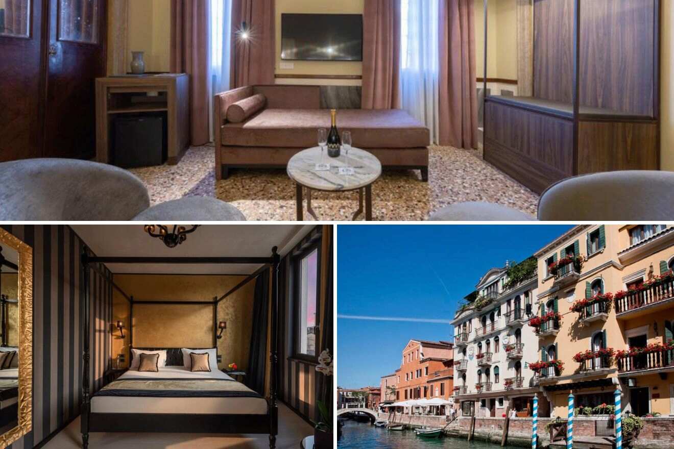 Collage of three hotel pictures: seating area, bedroom and hotel exterior