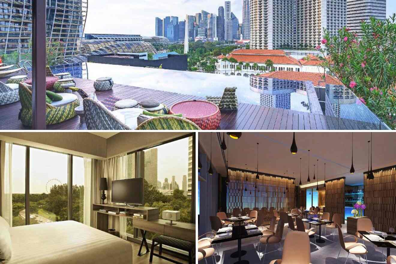 collage with bedroom, rooftop pool and restaurant