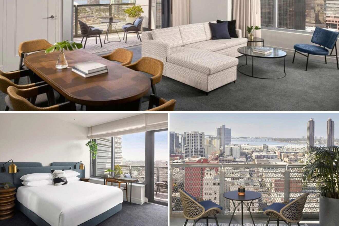 Collage of three hotel pictures: living room, bedroom, and balcony with view