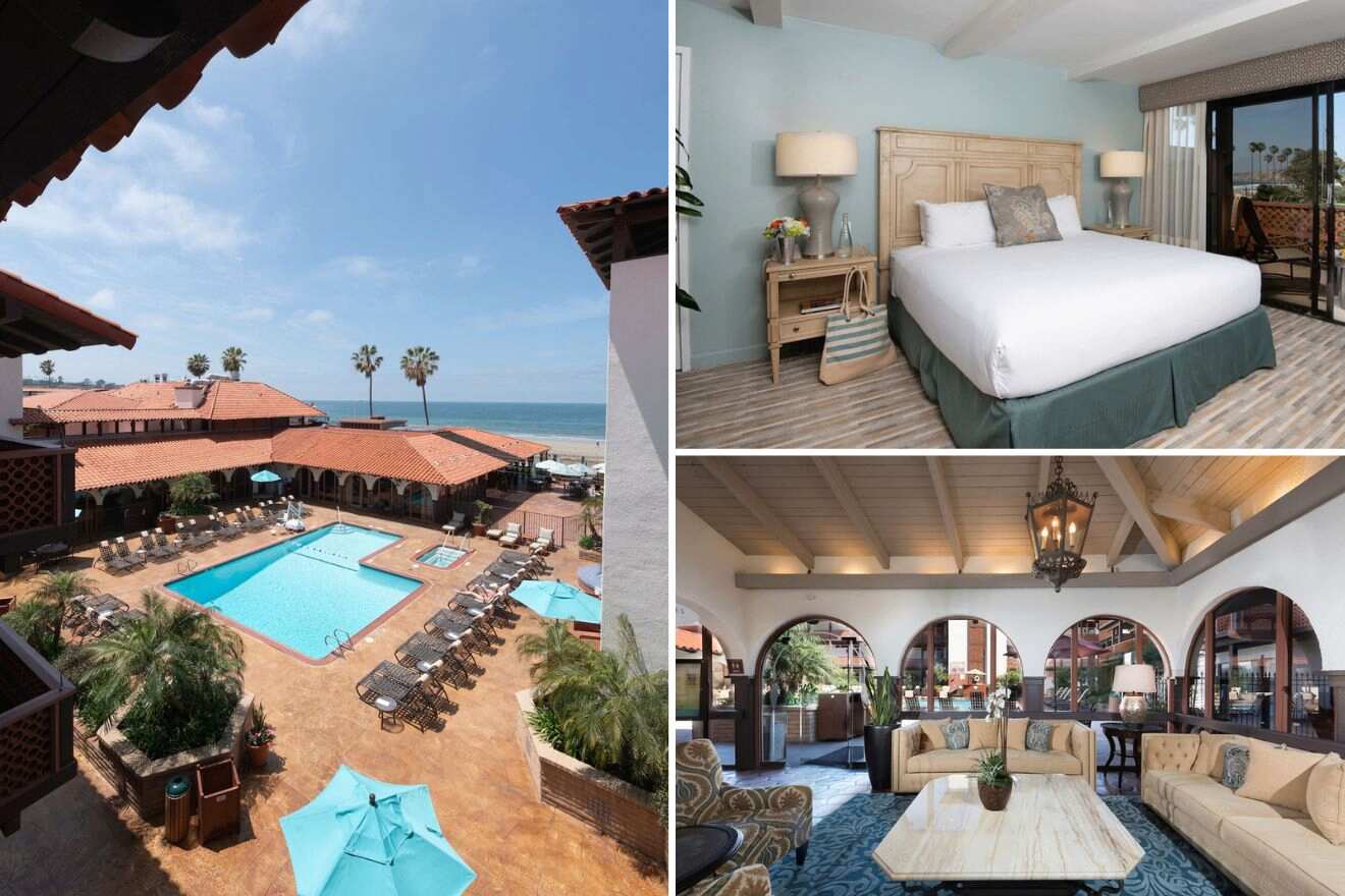 Collage of three hotel pictures: outdoor pool, bedroom, and lounge area