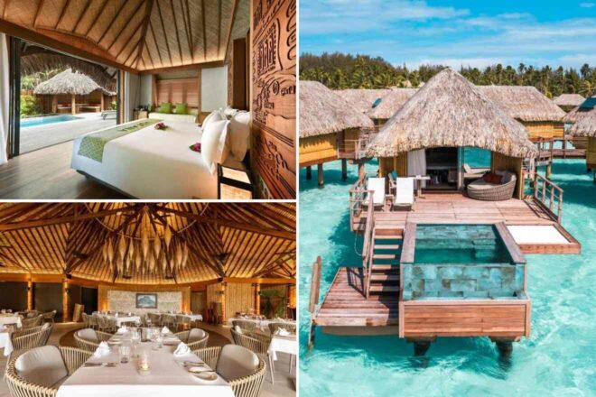 Collage of 3 pics of luxury stay in Bora Bora: an overwater bungalow with a private pool, a spacious bedroom, an elegant dining hall, and thatched roofs in a tropical setting.