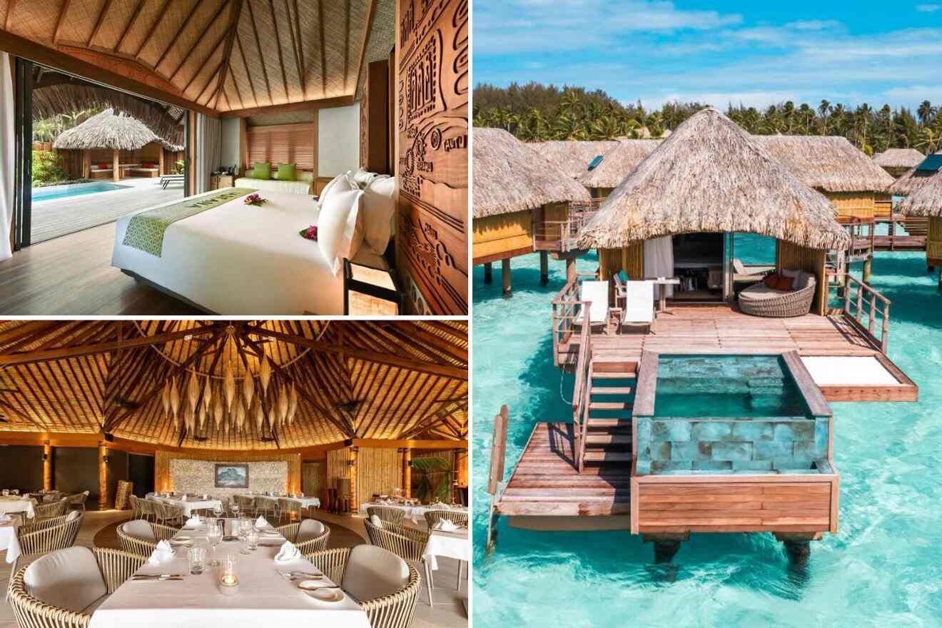 collage with restaurant, overwater bungalows and bedroom