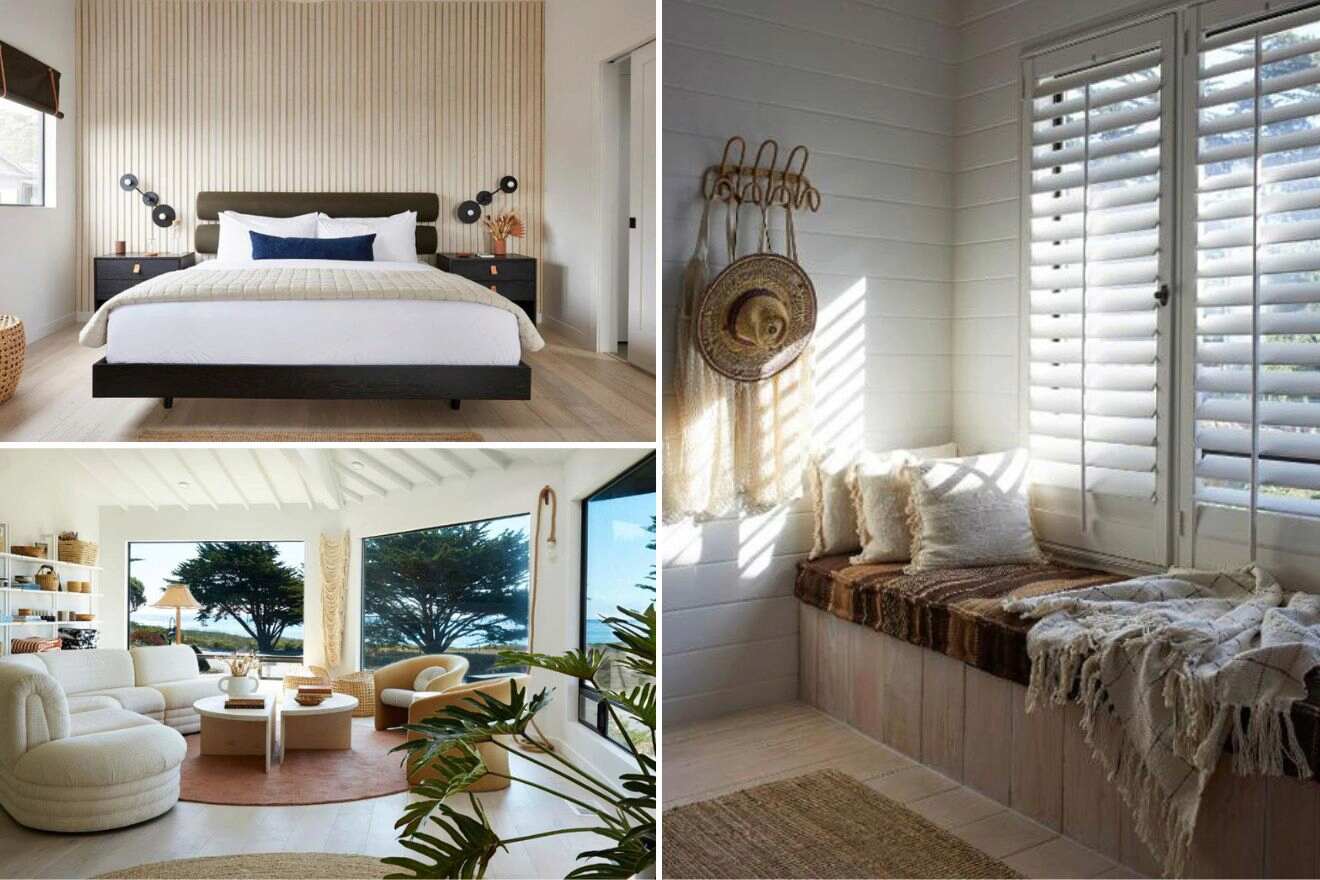 Collage of three hotel pictures: bedroom, living room, and window seating