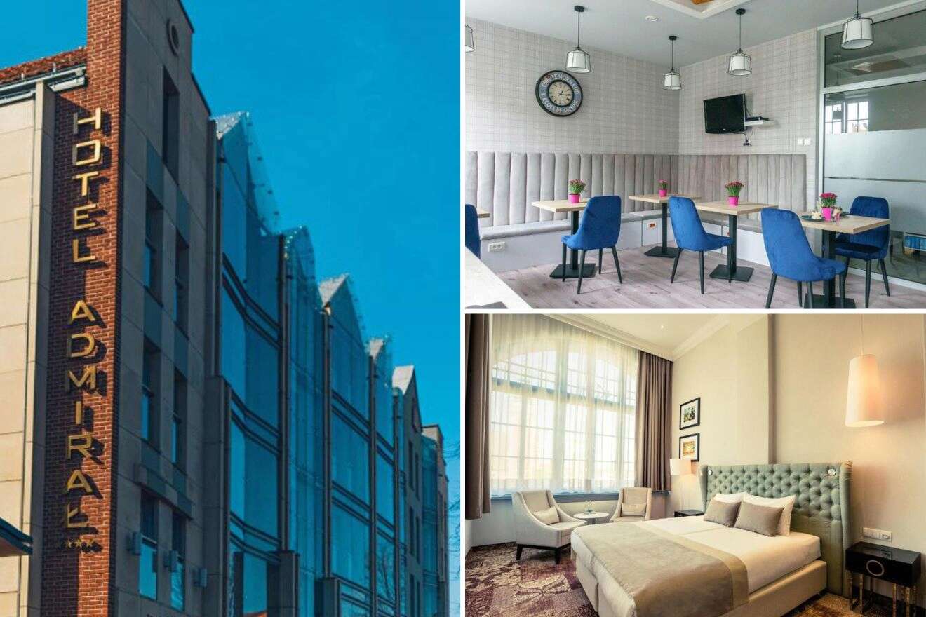 collage with hotel building, bedroom and dining area
