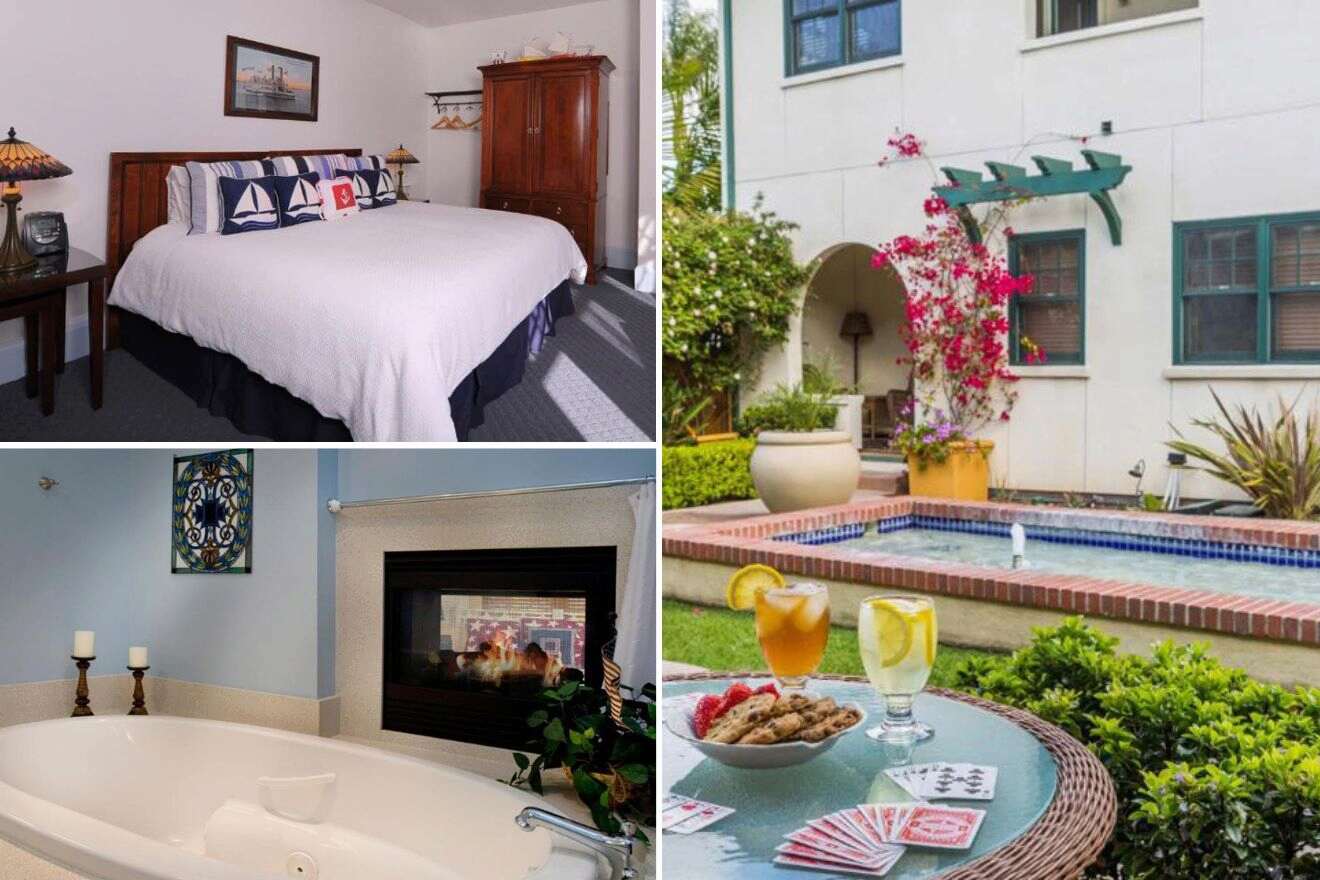 collage with bedroom, jacuzzi and dining table on the terrace