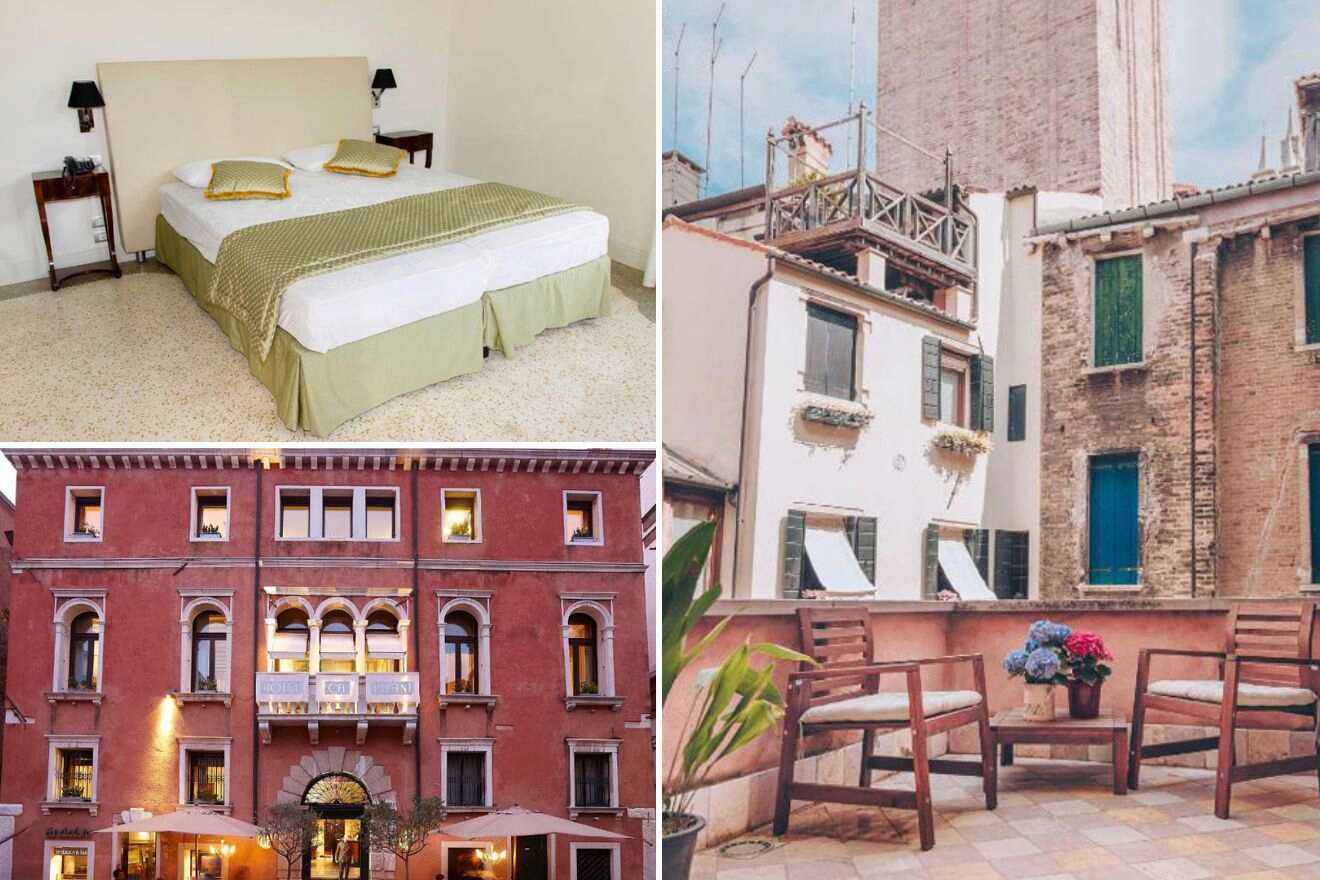 Collage of three hotel pictures: bedroom, hotel exterior, and chairs on terrace
