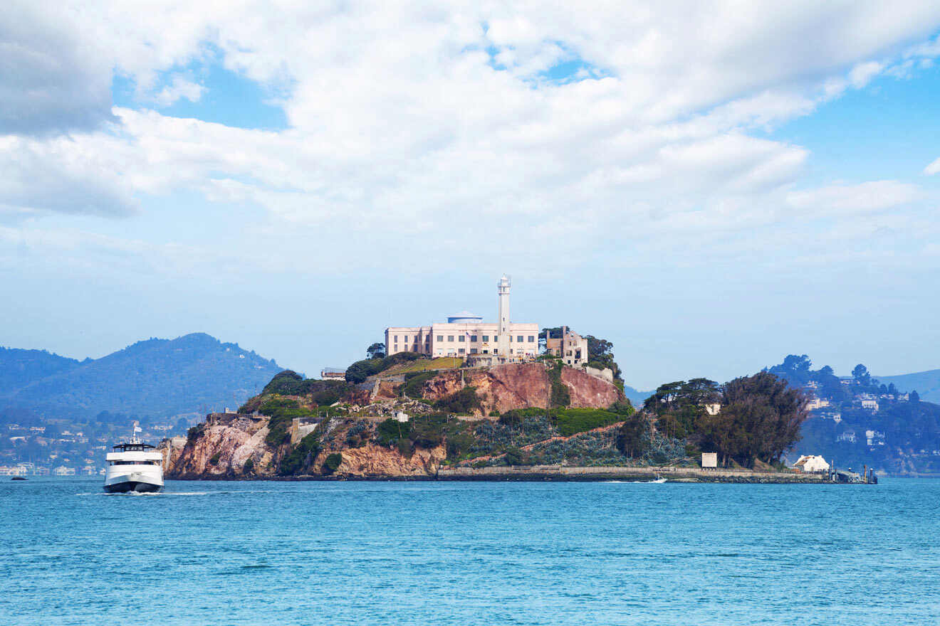 view over Alcatraz Island and boat on the sea