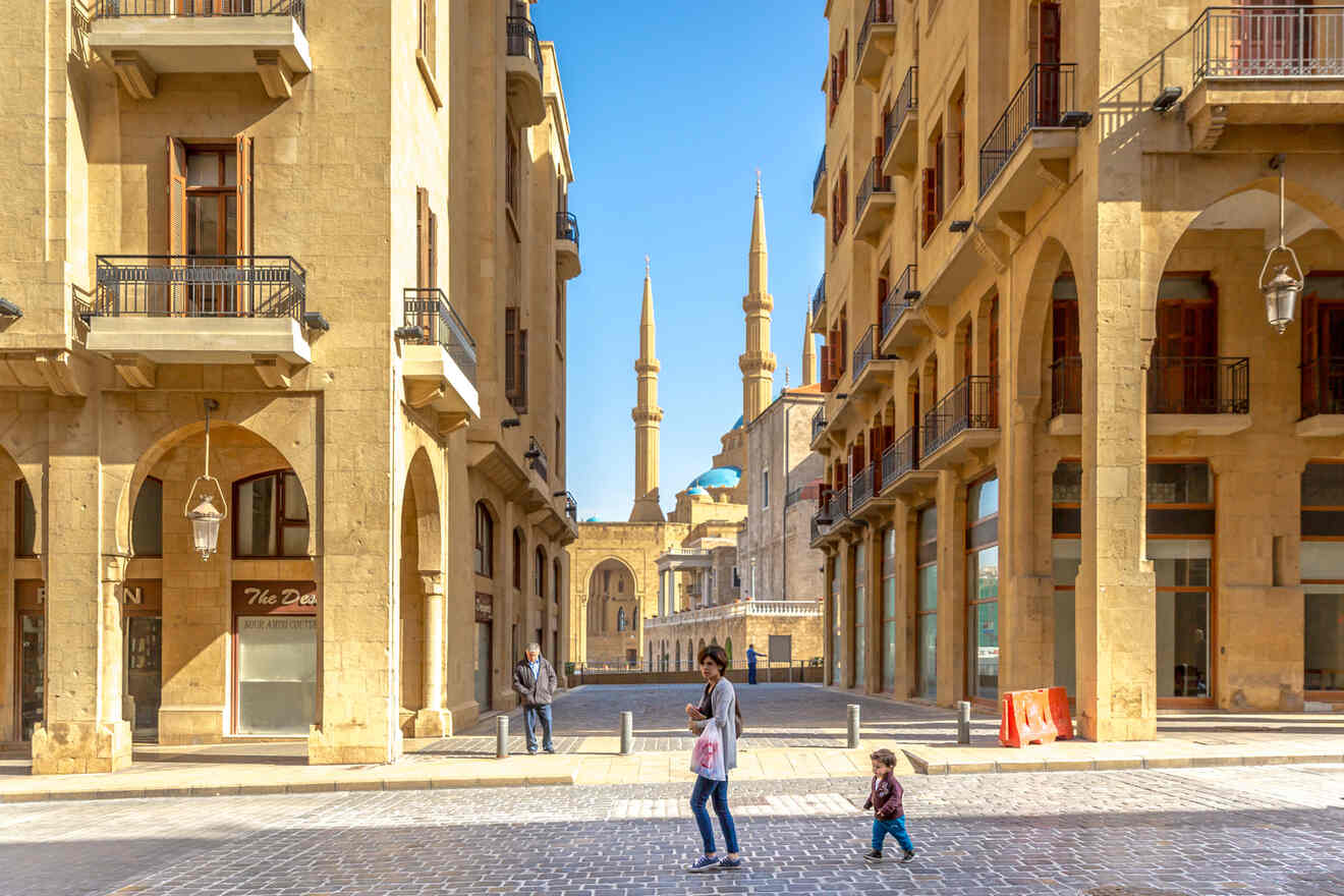 Young mother and a kid walking in Downtown Beirut