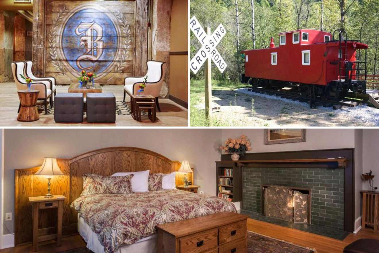 collage with bedroom, living area and train transformed into a hotel