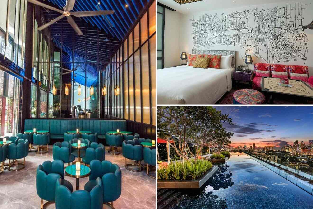 collage with bedroom, rooftop pool and restaurant