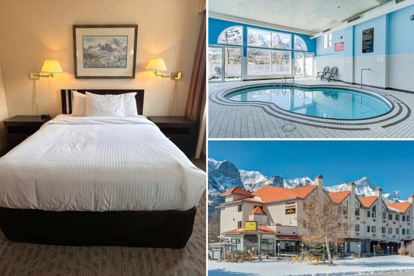 Collage of three hotel pictures: bedroom, indoor pool, and view of hotel exterior